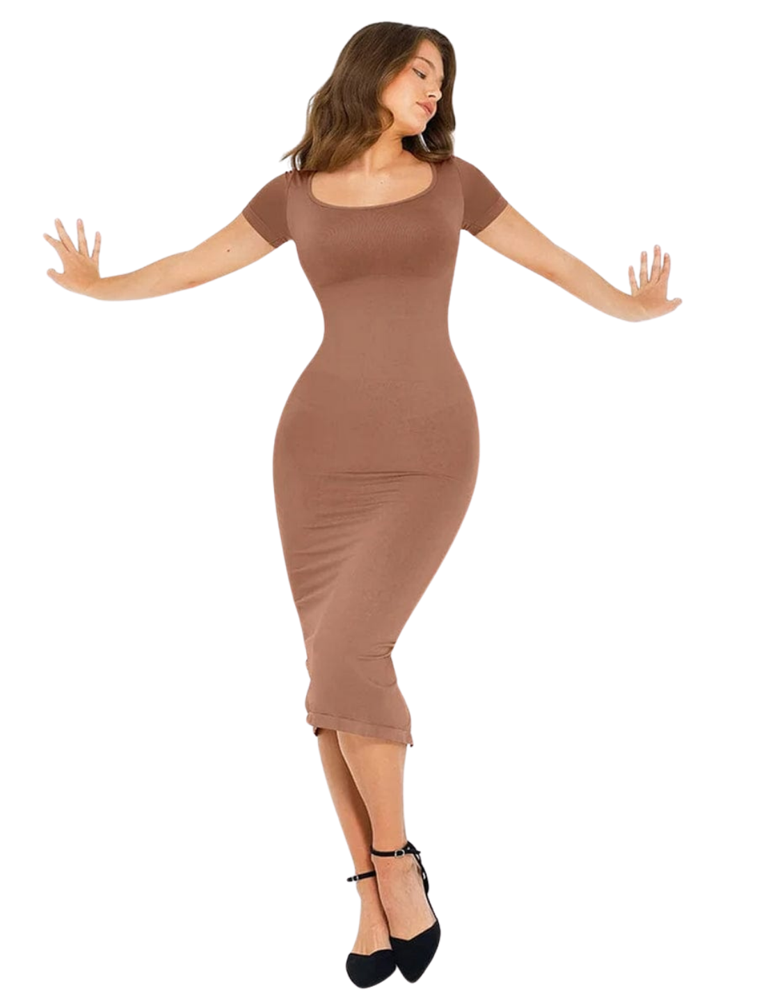 Robe midi fendue bodycon shapewear avec manches courtes